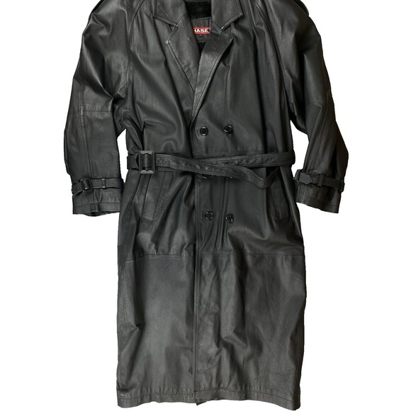 Phase 2 Long Leather Double Breast Trench Coat Men’s Large Black Zip Liner Goth - Picture 1 of 16